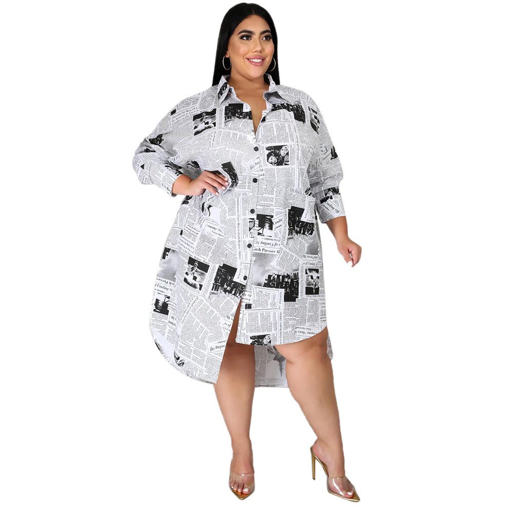 Plus size Maryangel Rebel collared shirt dress with newspaper print and irregular asymmetric design.