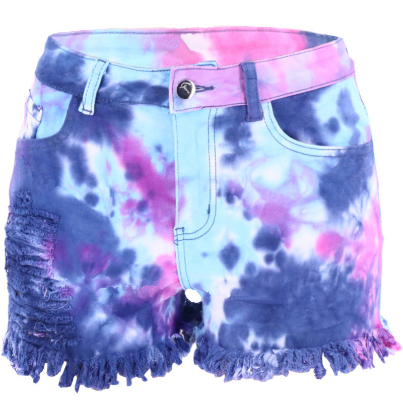 Maryangel Rebel women's denim shorts with tie-dyed pattern, tassels, and loose holes, showcasing a casual summer style.