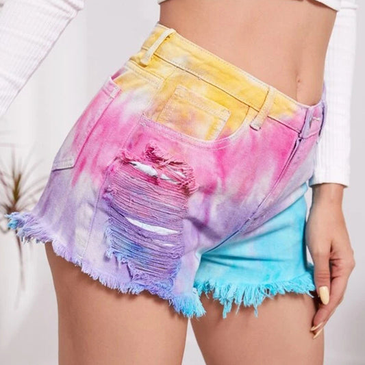 Maryangel Rebel women's tie-dyed denim shorts with tassels and loose holes, showcasing a stylish summer look.