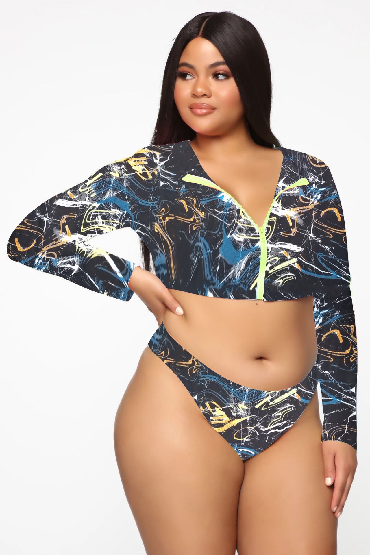 Plus Size Bikini Long Sleeve Zipper Swimsuit Colorful Sexy Swimsuit