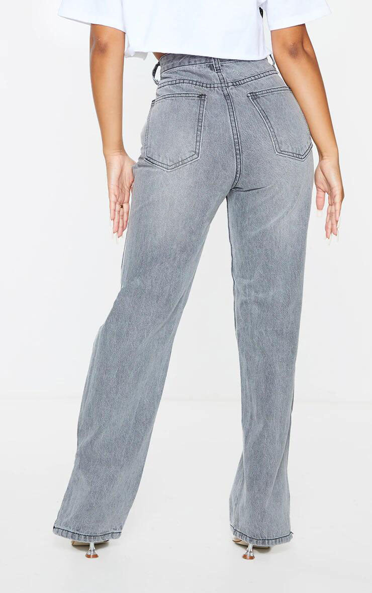 Maryangel Rebel women's high waist sand gray straight-leg denim trousers with ripped hem and slit details.