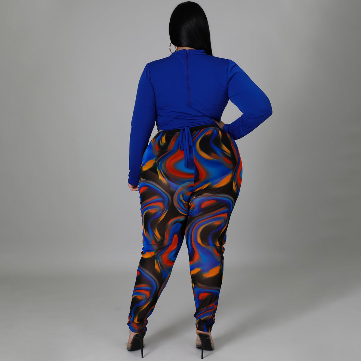 Plus Size Sexy Two-Piece Suit Stitching Contrast Color Bandage See-through Set Women Clothing