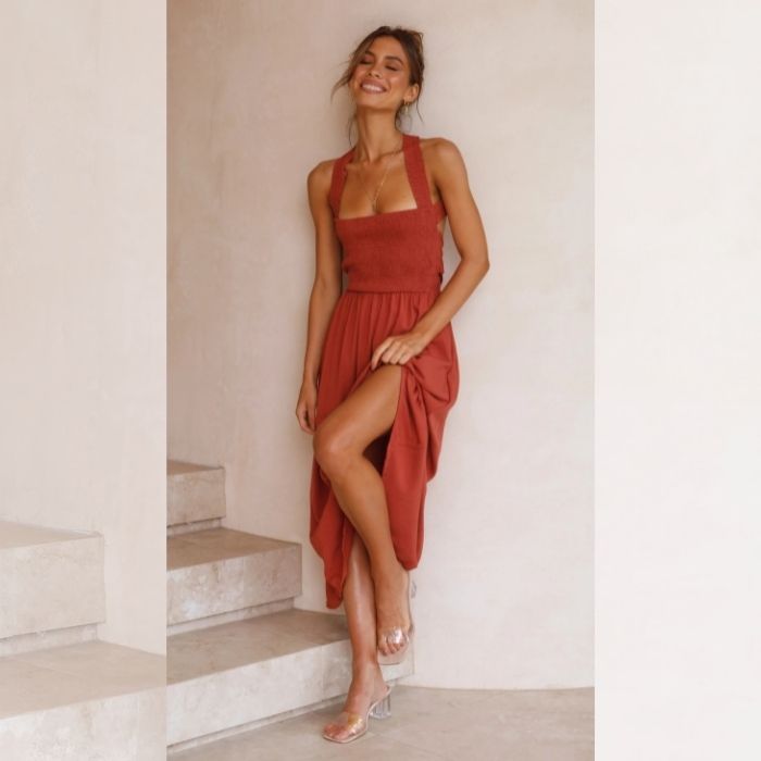 Maryangel Rebel sleeveless maxi dress in solid color, made of cotton linen, perfect for spring and summer wear.