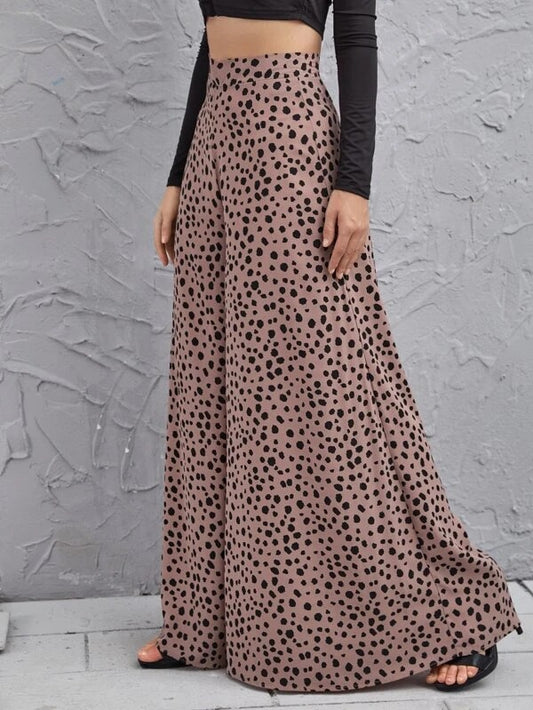 Loose high waist leopard-print wide-leg trousers by Maryangel Rebel, showcasing draping fabric and stylish swing design.