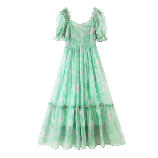 Maryangel Rebel sheer organza floral print dress with puff sleeves and a tight waist, perfect for spring and summer.