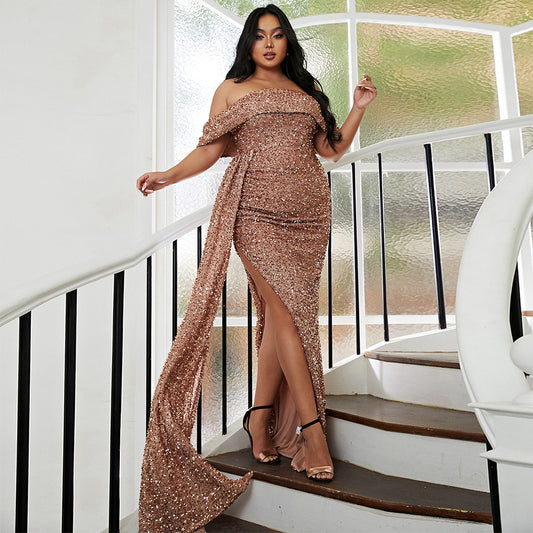 Plus size Maryangel Rebel light sequined evening dress, featuring a long design perfect for weddings or cocktail parties.