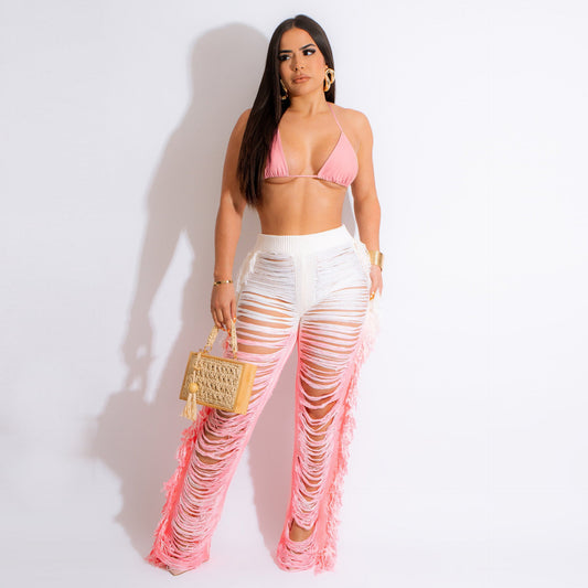 Été femmes vêtements Sexy dégradé plage gland tricoté pantalon costume décontracté
