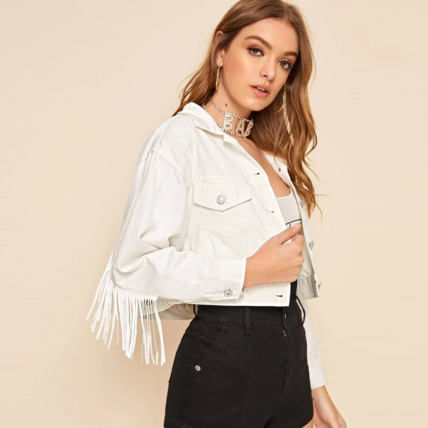 Maryangel Rebel women's casual denim jacket with tassels and short cut, displayed on a neutral background.