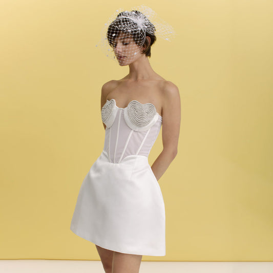 Sexy Peach Heart Drilling a Swing Strapless Dress Autumn Mesh See through Backless Dress