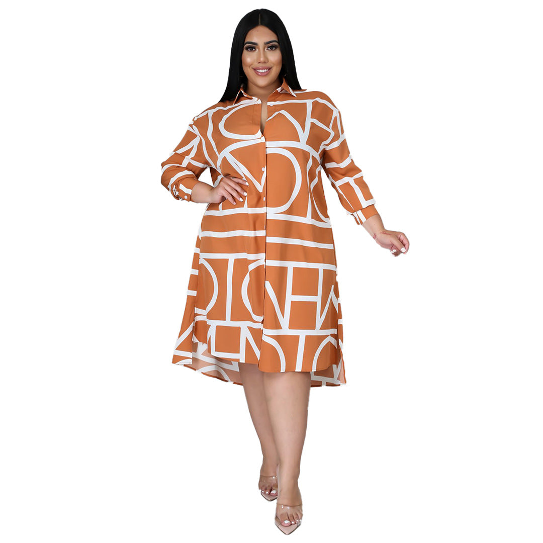 Plus size Maryangel Rebel shirt dress featuring a printed design and pleated waist, perfect for women's casual wear.