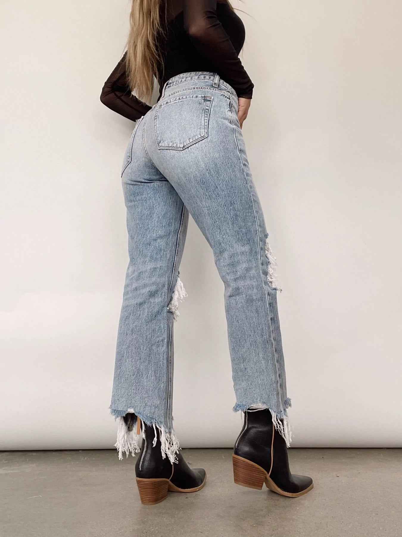 Women Retro High Waist Ripped Straight Street Jeans