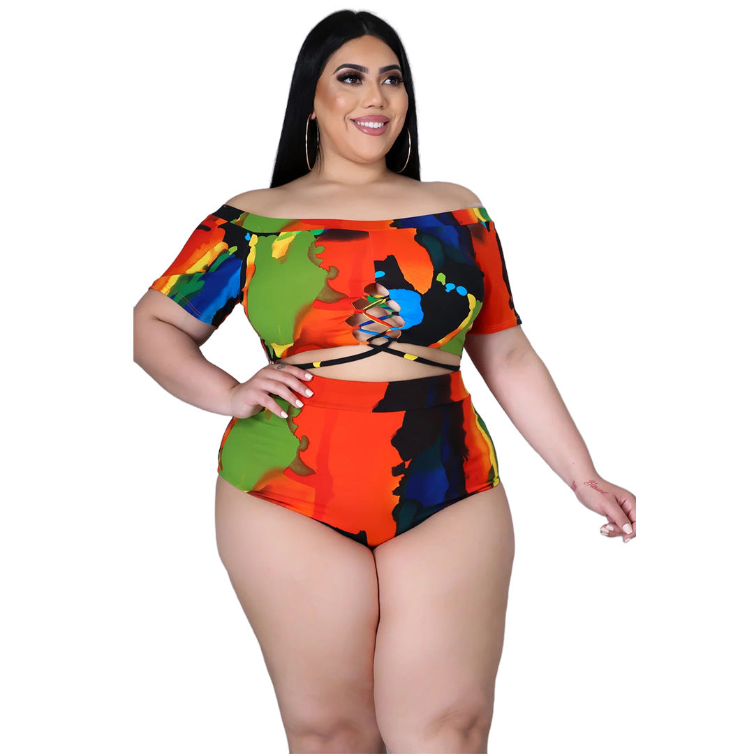 Plus Size Women Sexy Print Strap off-Shoulder Swimsuit Suit