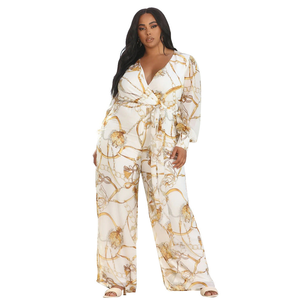 Anna V-Neck Printed Chiffon Vacation Jumpsuit with Belt