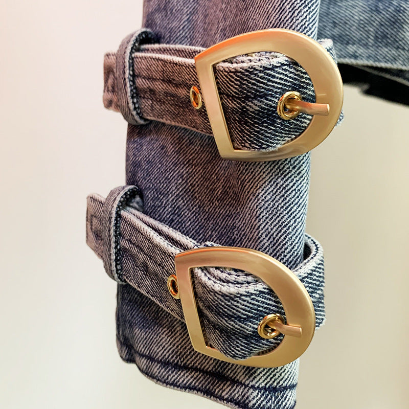 Maryangel Rebel women's washed denim motorcycle jacket with lion buckle and double oblique zipper detail.