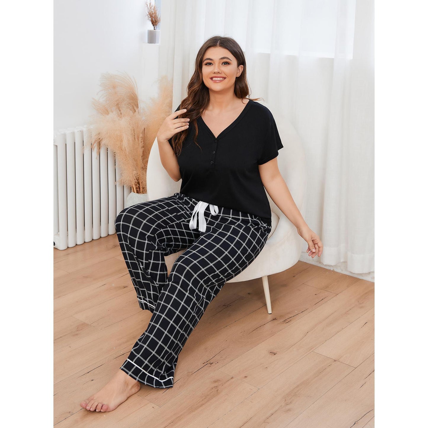 Pyjama grande taille femme printemps été pantalon à manches courtes Homewear
