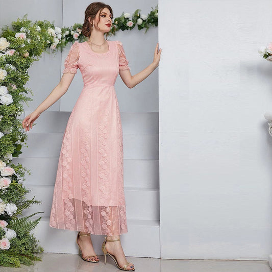 Maryangel Rebel women's maxi dress featuring a U collar, solid color, and slimming mesh stitching design.