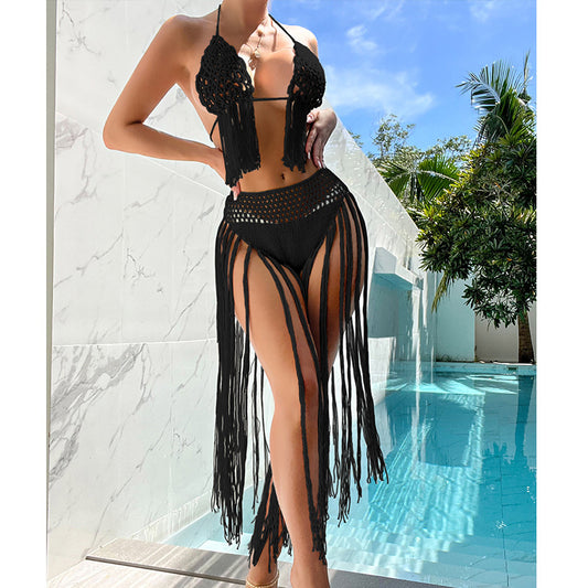Beach Tourism Hand Crocheting Three Dimensional Floral Tassel Beach Sexy Open Back Swimsuit Bikini Set