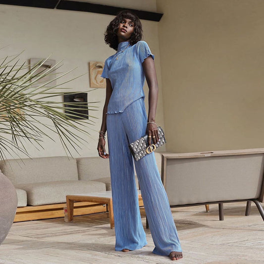 Maryangel Rebel casual women's fashion suit featuring a spring slimming T-shirt and high waist blue pleated wide leg pants.