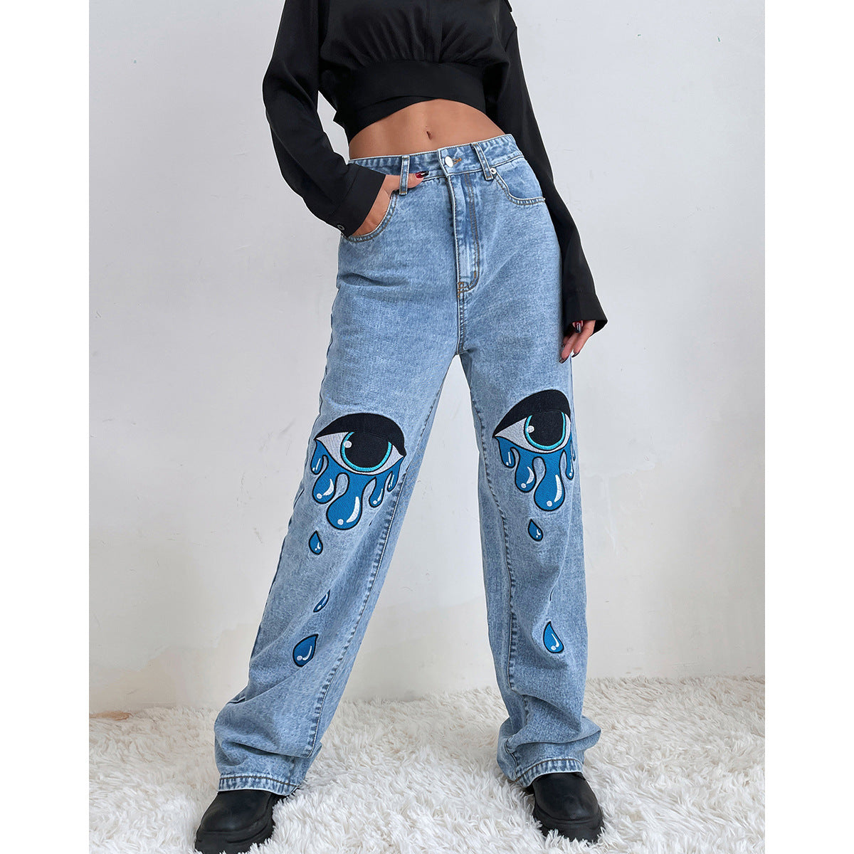 High waist straight leg denim trousers with a personalized print, designed for women by Maryangel Rebel.