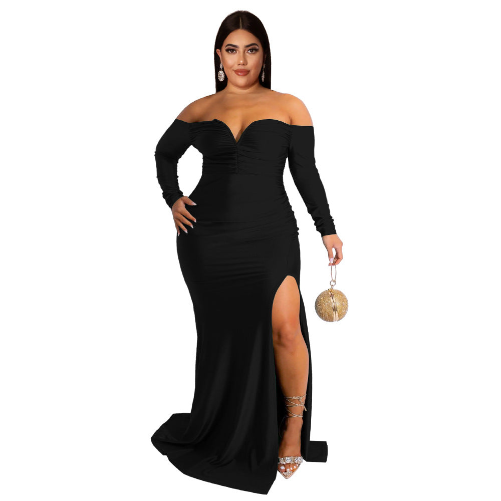 Plus size Maryangel Rebel sexy V neck split maxi dress in solid color, ideal for autumn and winter nightclub wear.