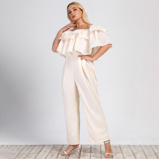 Plus size women's off-shoulder jumpsuit with lotus edge, solid color, straight-leg design, by Maryangel Rebel.