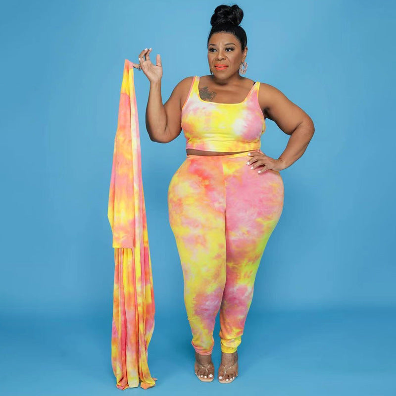 Plus size tie-dye three-piece women’s suit by Maryangel Rebel, featuring a stylish top, pants, and matching jacket.