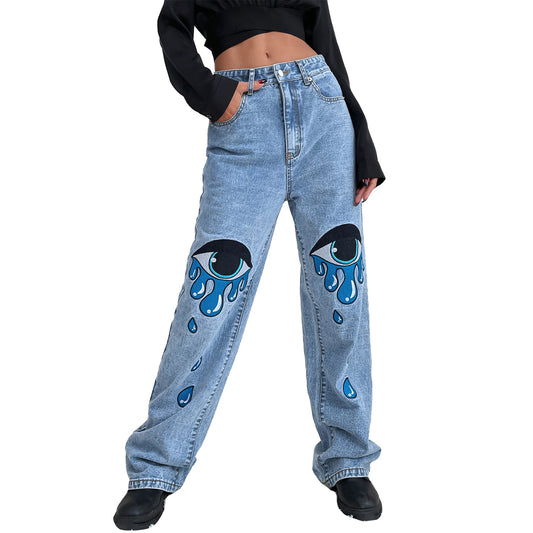 High waist straight leg denim trousers for women with a personalized print by Maryangel Rebel, showcasing a stylish design.