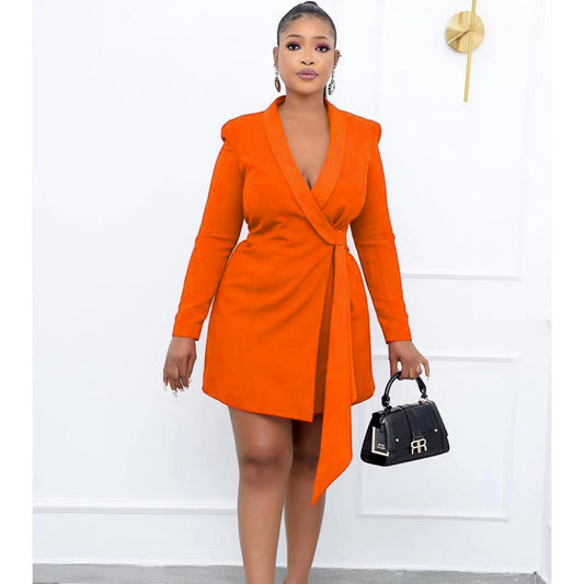 Plus size office slim fit lace-up suit skirt dress by Maryangel Rebel, showcasing elegant lace-up detailing and tailored design.