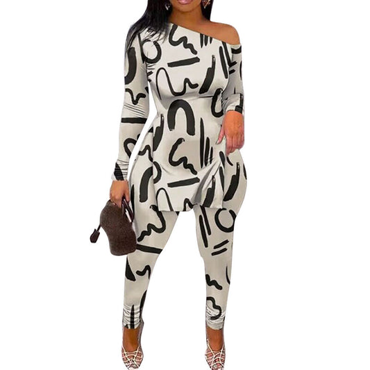 Maryangel Rebel spring off the shoulder long sleeve two-piece set with split design and positioning printing.