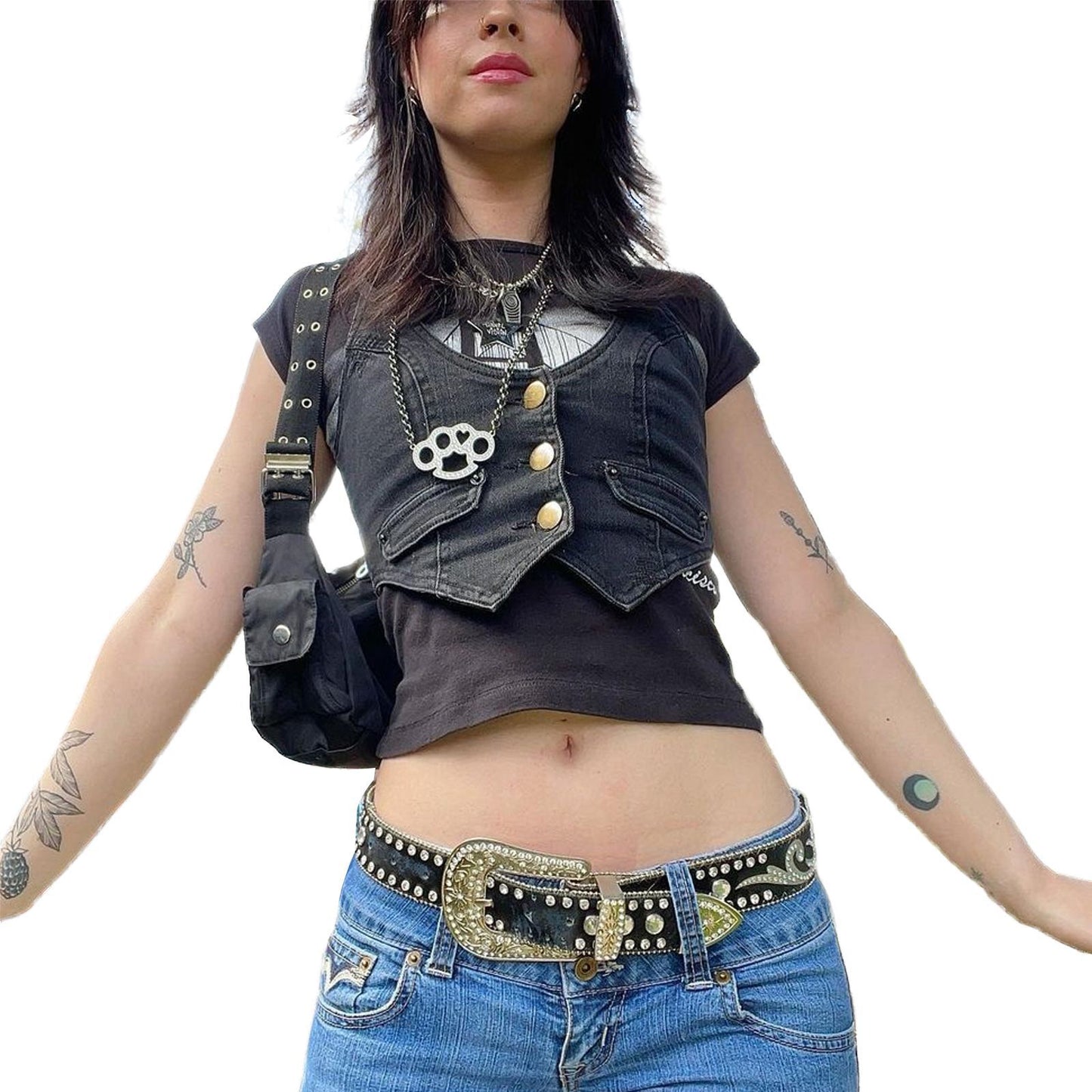 Slim fit denim vest for women by Maryangel Rebel, featuring a stylish design and classic blue denim fabric.