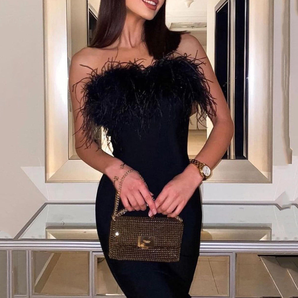 Maryangel Rebel women's sexy feather tube top sheath dress in a fitted style, perfect for office and evening wear.