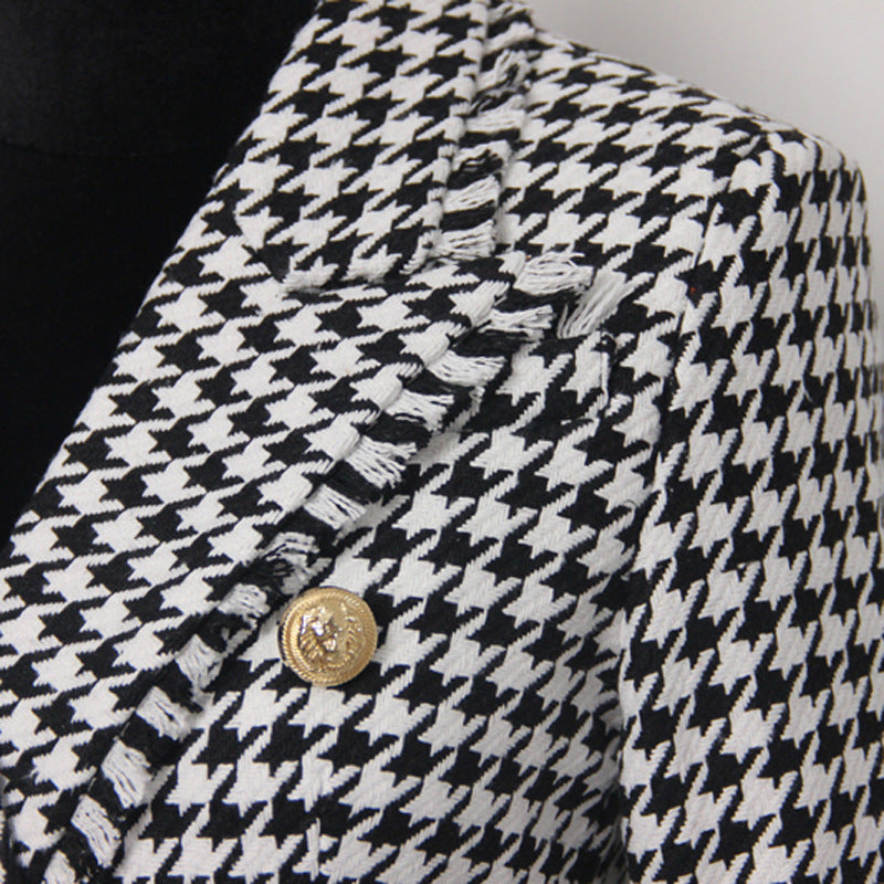 Classic houndstooth tweed blazer suit set with tassels, showcasing Maryangel Rebel's woolen jacket design for women.