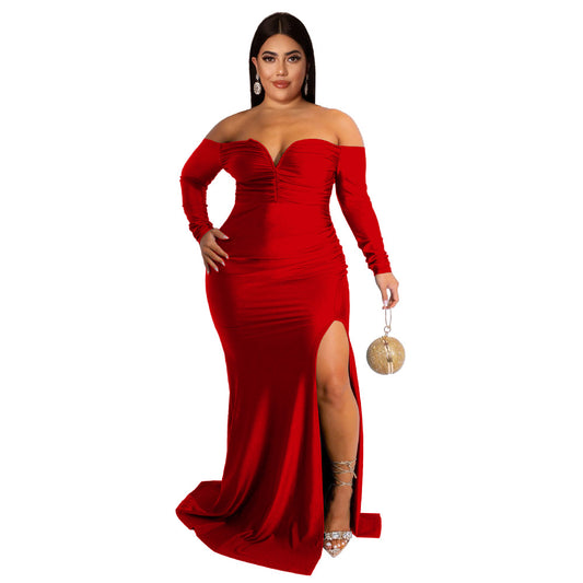 Plus size sexy V-neck solid color maxi dress by Maryangel Rebel with high split, perfect for autumn and winter nights.