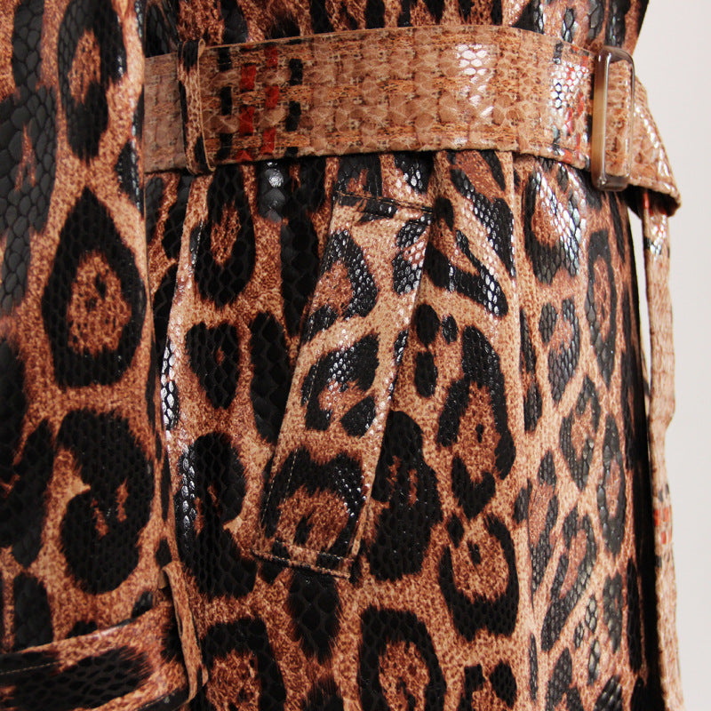 Goods Snakeskin Leopard Print Long Trench Coat Goddess Long Sleeve Leather Jacket Women Overcoat