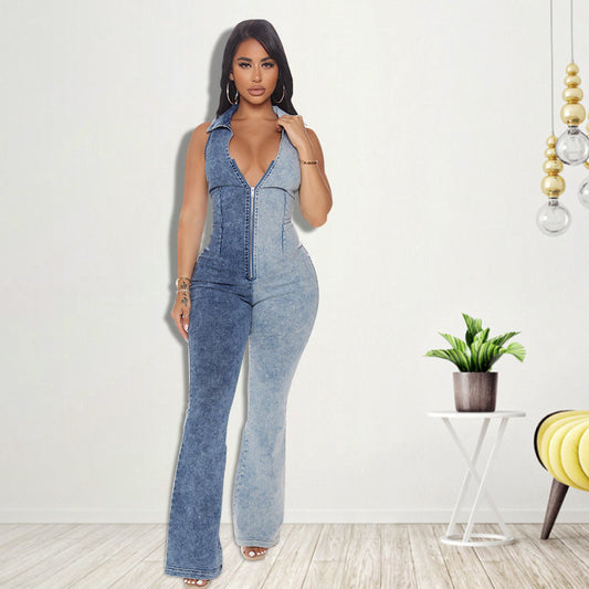 Plus size Maryangel Rebel denim jumpsuit featuring color matching design and a stylish wash for a trendy look.