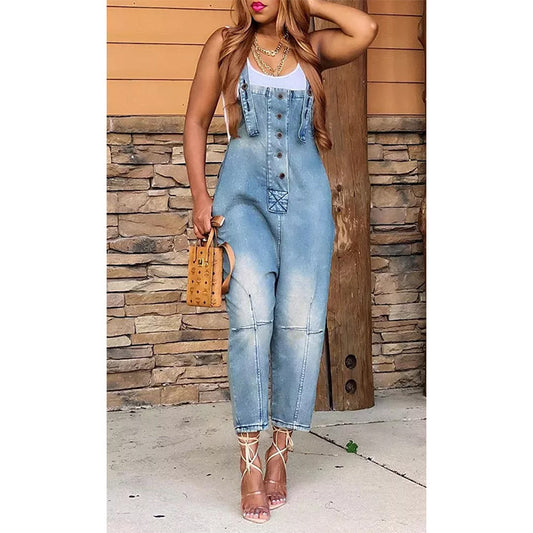 Maryangel Rebel womenβs casual Siamese suspender jeans in denim, featuring adjustable straps and a relaxed fit.