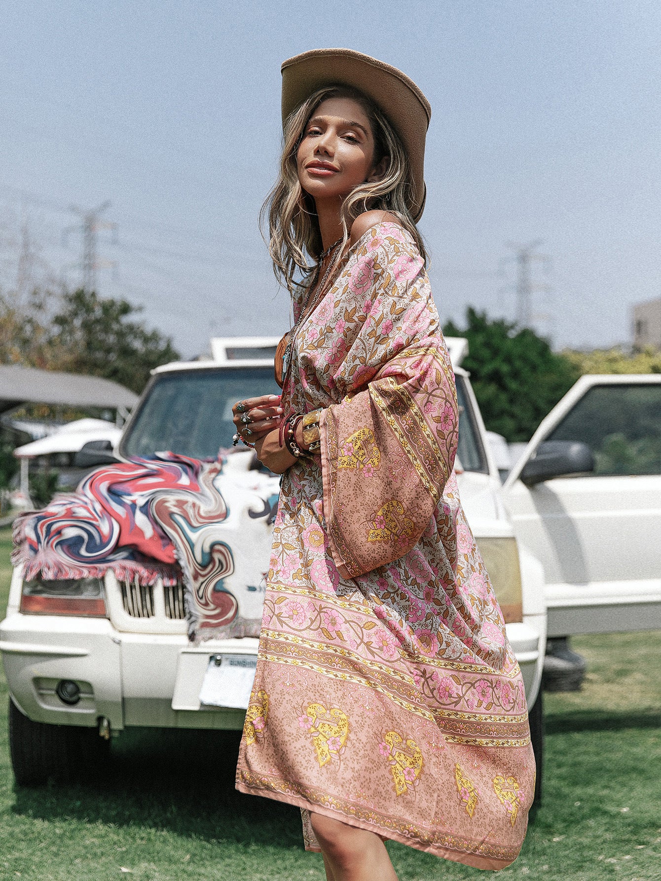 Kimono scialle stampato con posizionamento sciolto, lunghezza media, da donna