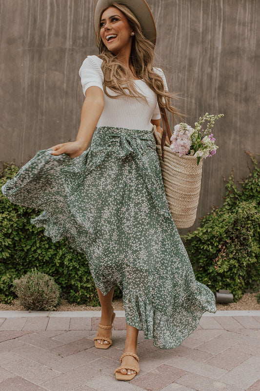 Maryangel Rebel high waist swing skirt with small floral pattern and rhombus stitching, featuring an elastic band.