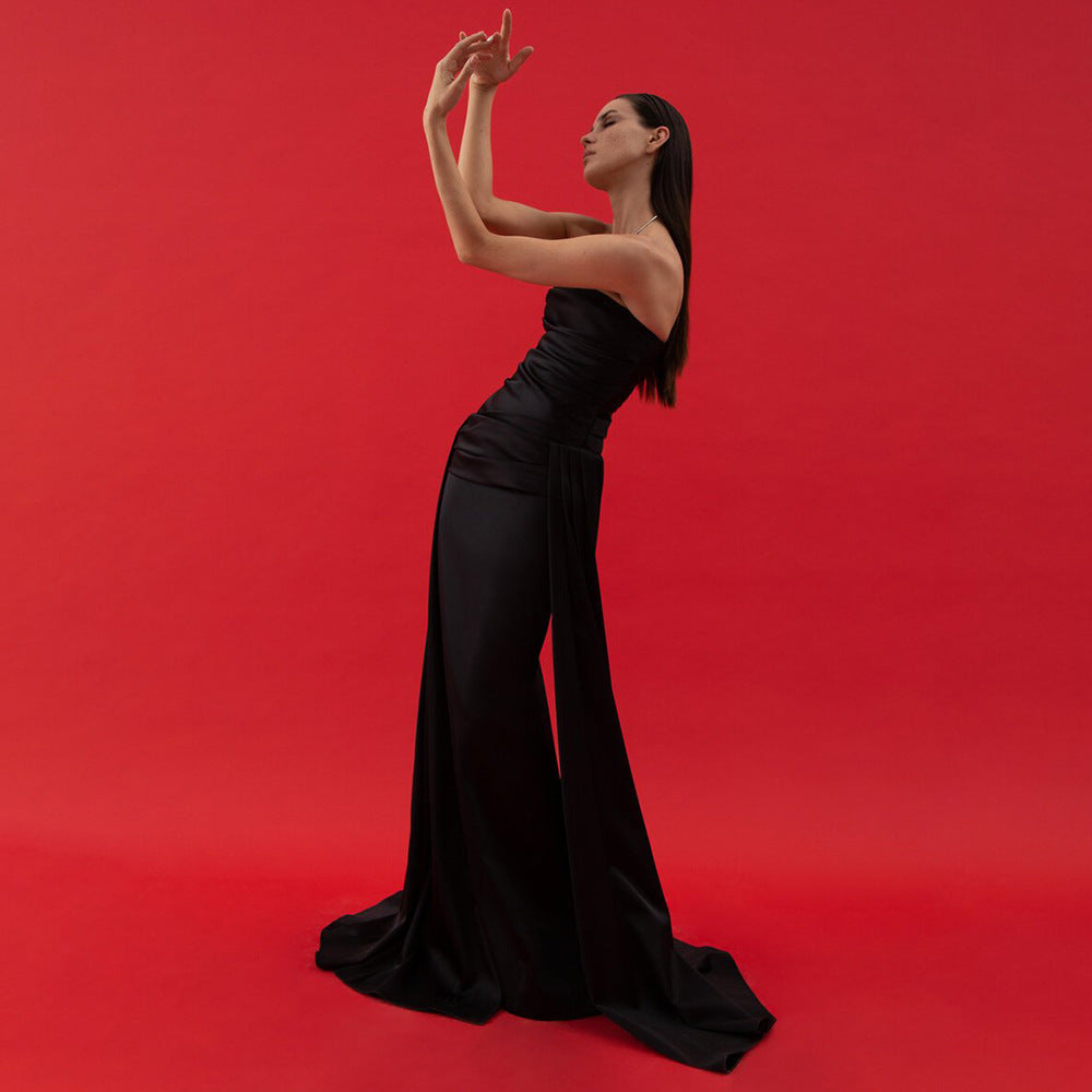 Mariangela Black Tube Top Pleated Ribbon Evening Dress