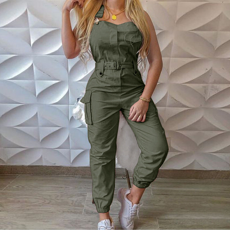 Plus size women's sleeveless suspender jumpsuit by Maryangel Rebel, featuring ankle-banded design in a simple style.
