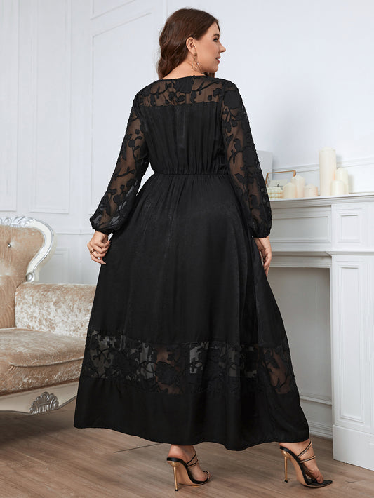 Plus size Maryangel Rebel over the knee lace dress with long sleeves, featuring a slimming and elegant design.