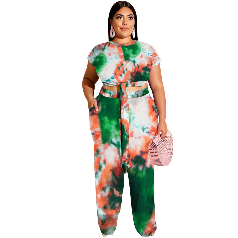 Plus size tie-dye printed two-piece casual set by Maryangel Rebel, featuring a stylish lace-up top and comfortable bottoms.
