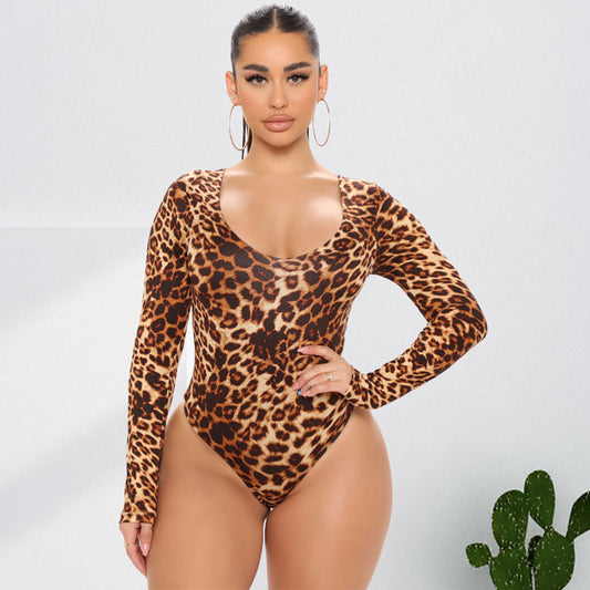 Plus size leopard print long sleeve jumpsuit by Maryangel Rebel, featuring a stylish and sexy design.