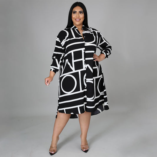Plus size Maryangel Rebel shirt dress featuring a printed design and pleated waist, suitable for women.