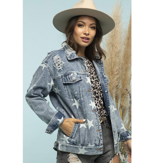 Maryangel Rebel women's loose denim jacket with ripped details, featuring a casual and stylish design.