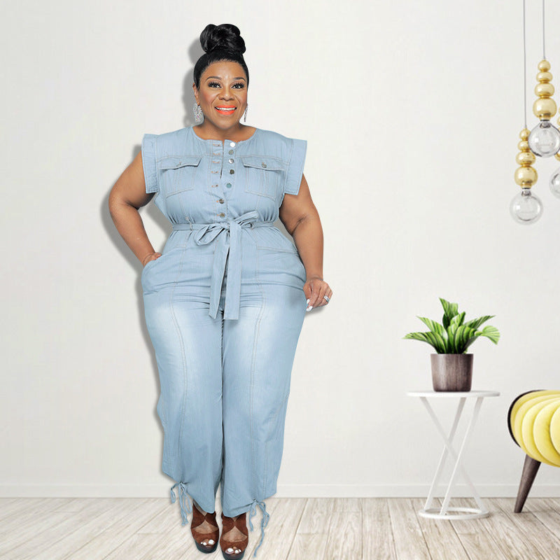 Plus Size Women Clothing New Denim Short Sleeve Wash Jumpsuit Trousers Sexy New