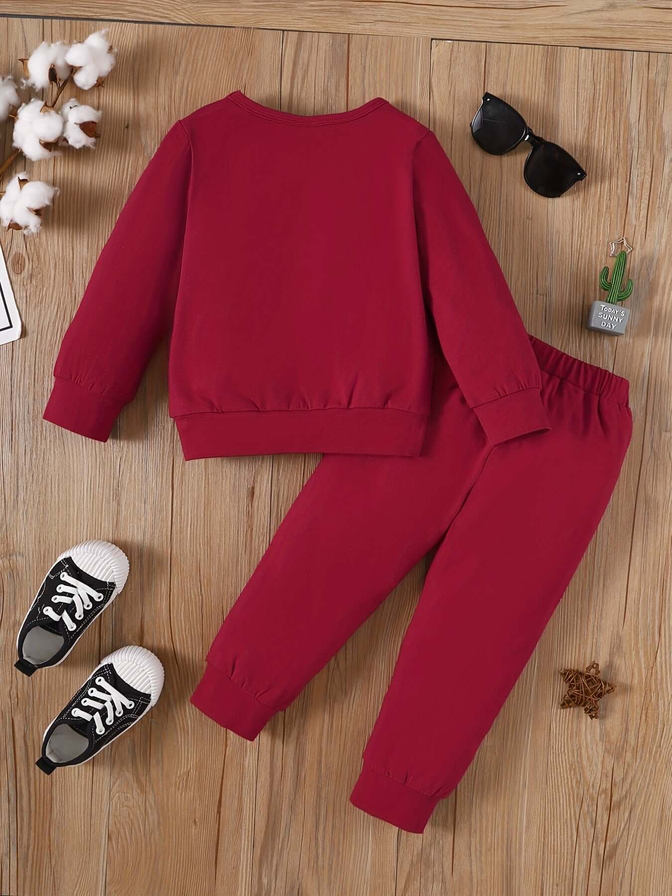 Letter Print Long Sleeve Boy Suit in red cotton with shirt and pants, suitable for ages 18 months to 6 years.