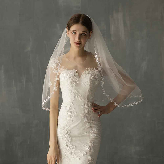 Bianca Mid Length Bridal Veil With Double Leaf Edge