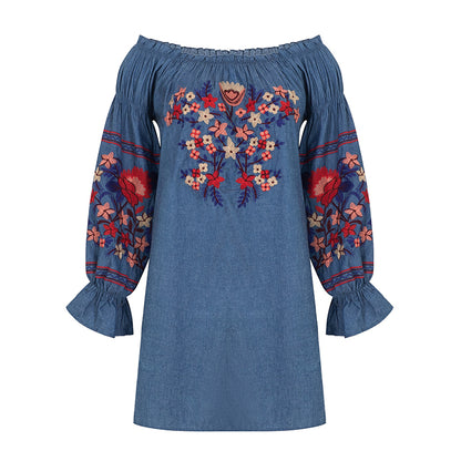 Abito da donna in denim e cotone con spalle ricamate, nuovo stile bohémien, primavera ed estate