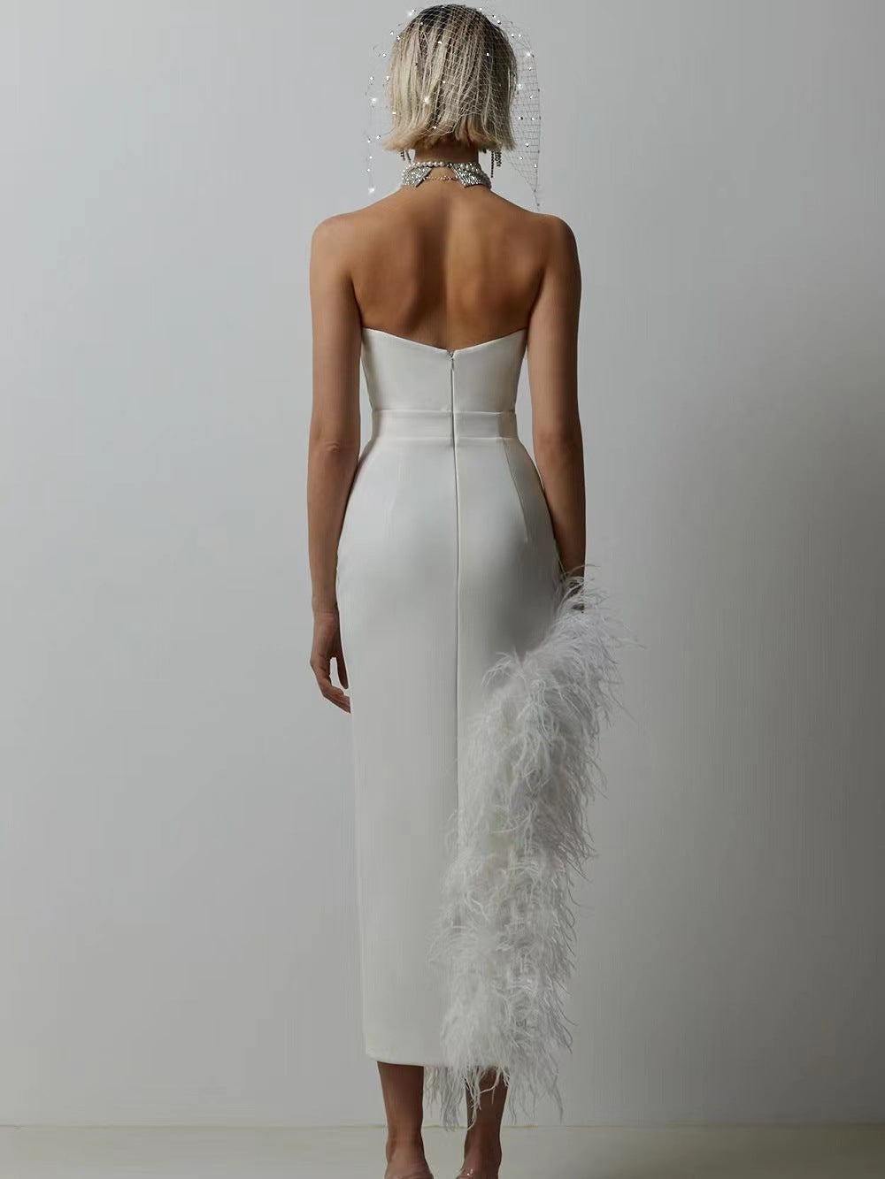 Liora High-Waist Feathered Sleeveless Cocktail Midi Dress